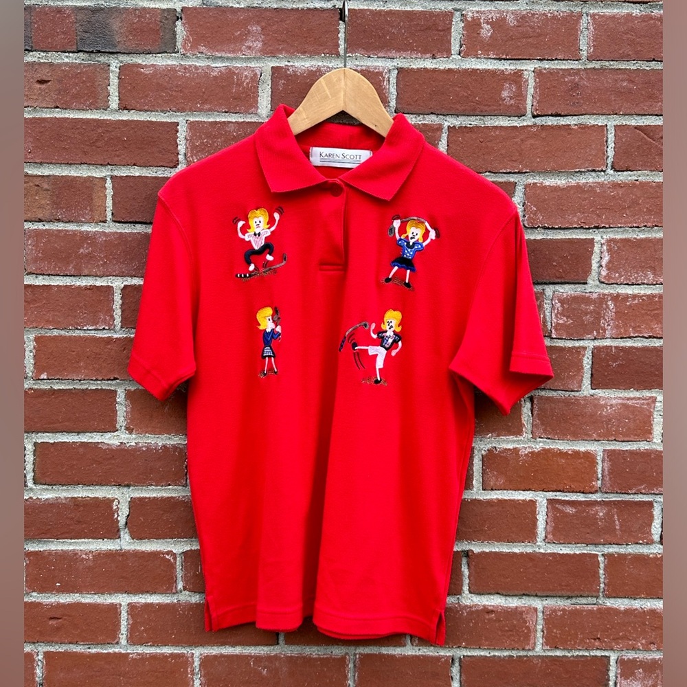 Vintage Karen Scott Shirt. Bright red with embroidery. Size M.